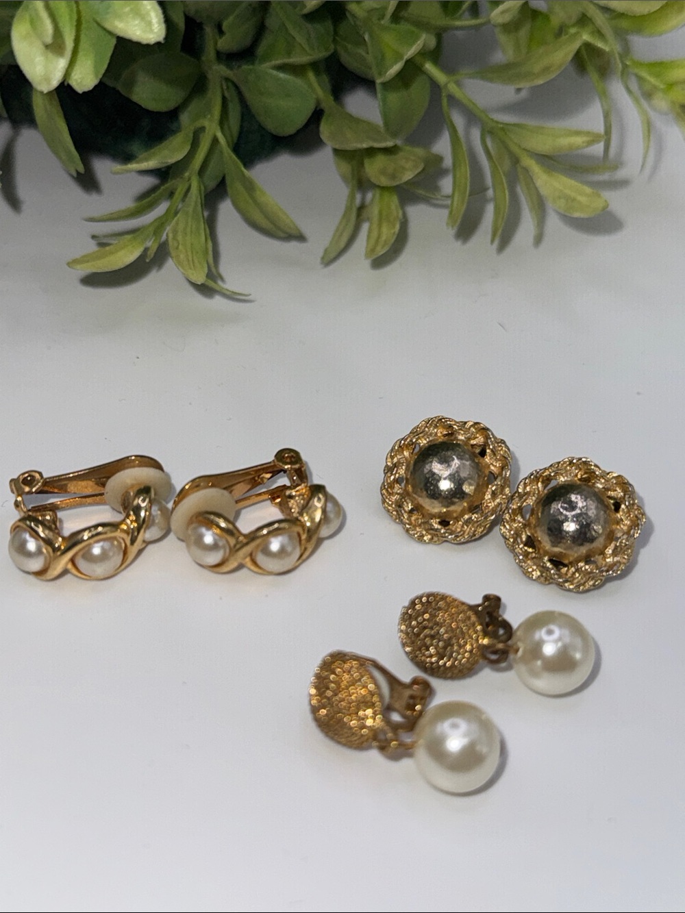 GoldTone Pearl ClipOn Earrings Trio Elegant Jewelry vintage